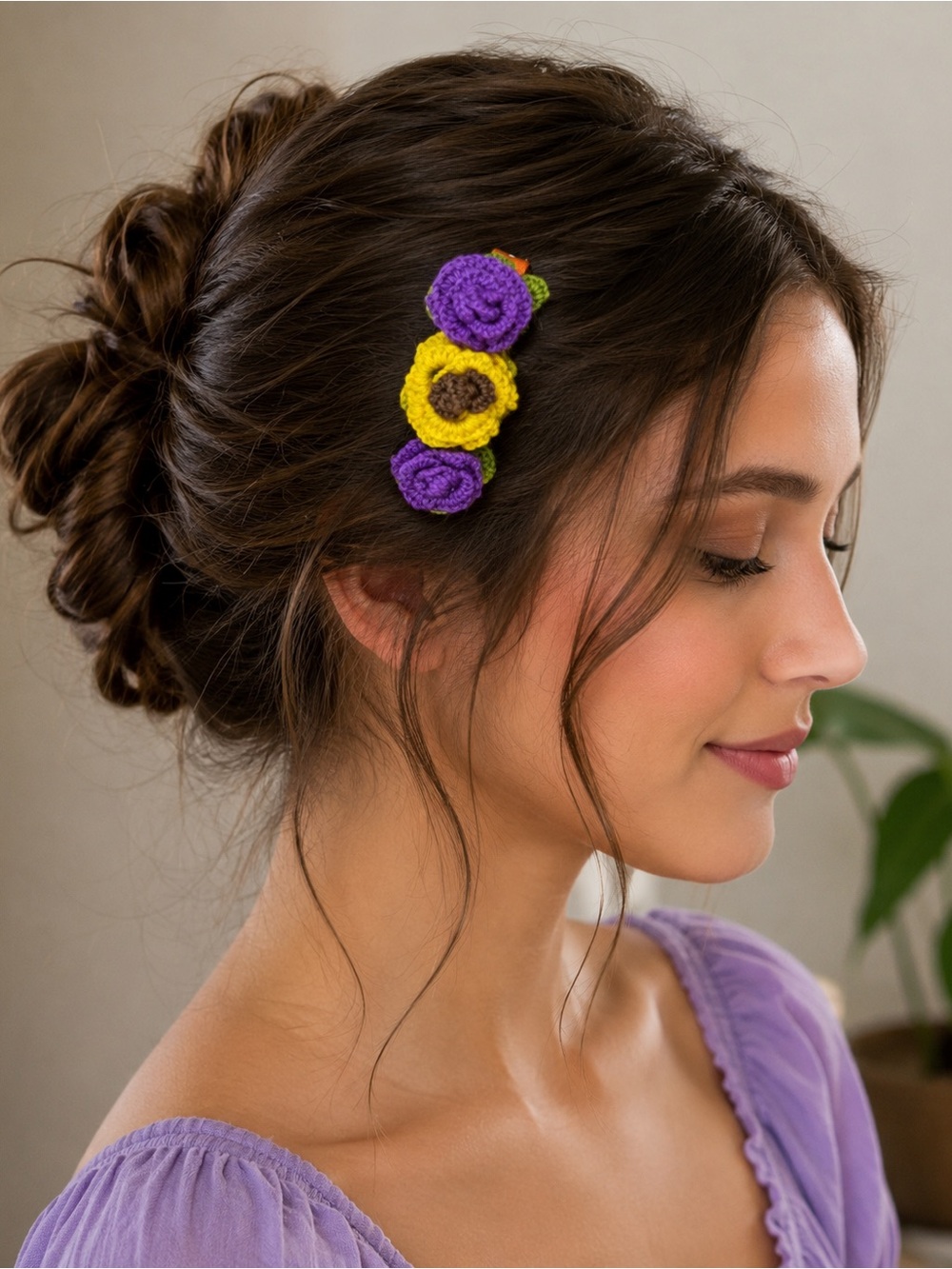 Handmade Crochet Flower Hair Clip - Purple & Yellow